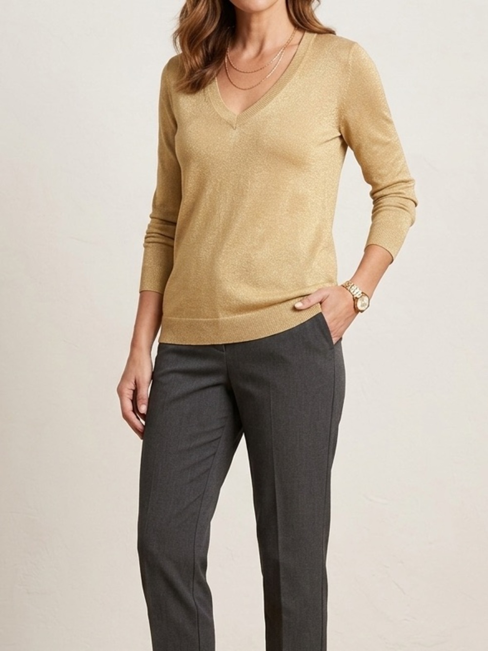 NWT Rafaella Women’s Gold Metallic V-Neck Sweater – Size Large